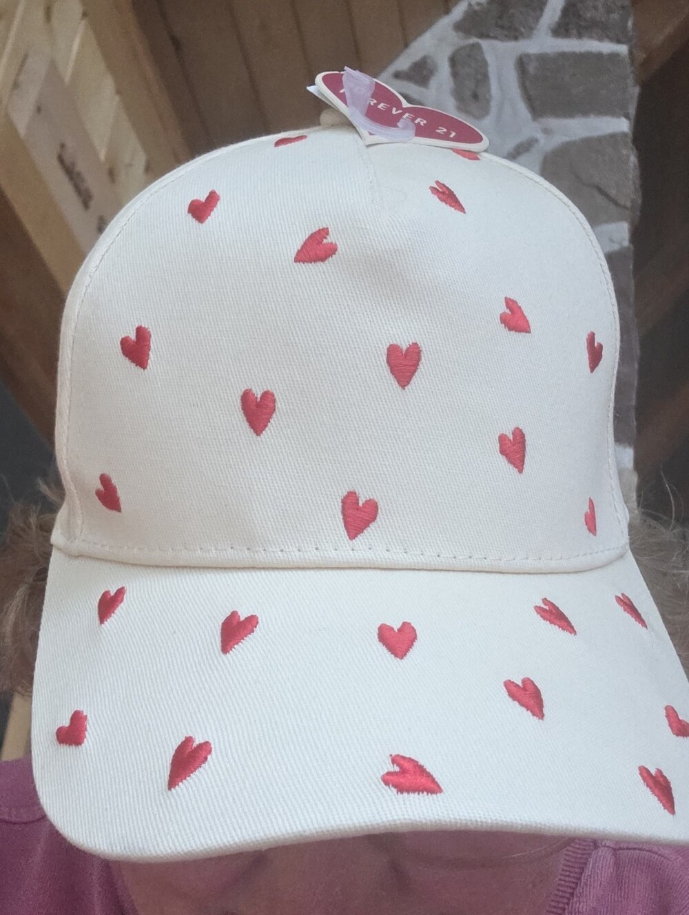 NWTbForever 21 Cream Baseball Cap with Red Heart Embroidery